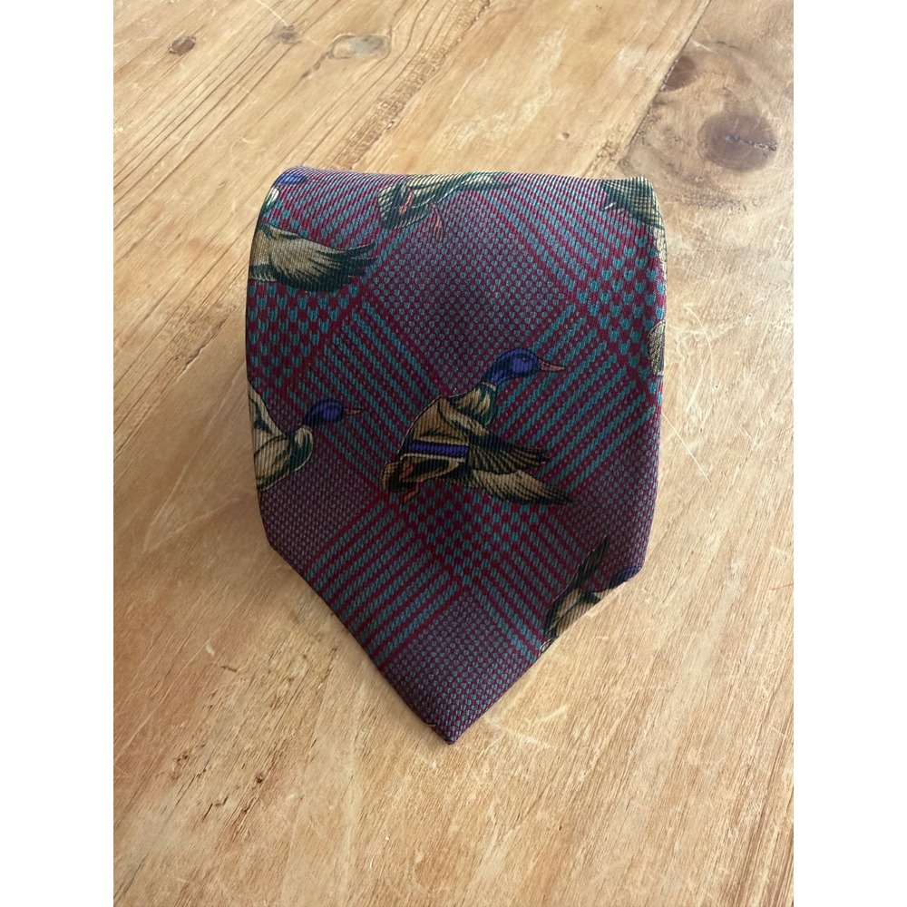 Kenneth Gordon Silk Tie Mens Burgundy Teal Mallard Duck Plaid Excellent USA